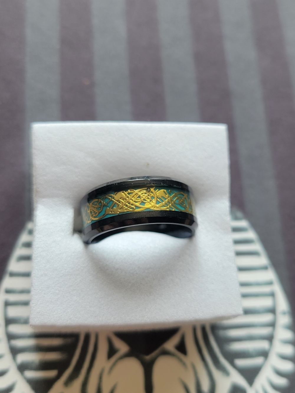 💀NEW💀Black Stainless Steel Glow In Dark  Ring Gold Celtic Inlay
